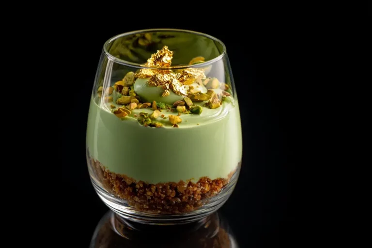 no-bake pistachio cream parfait in glass with gold leaf