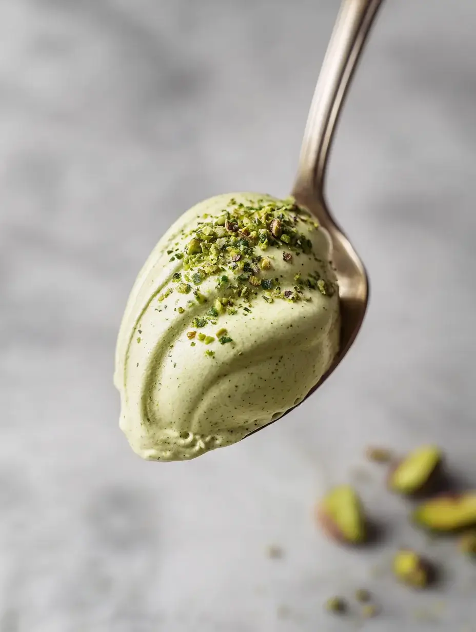 Pistachio mousse quenelle shaped on spoon with crushed pistachios