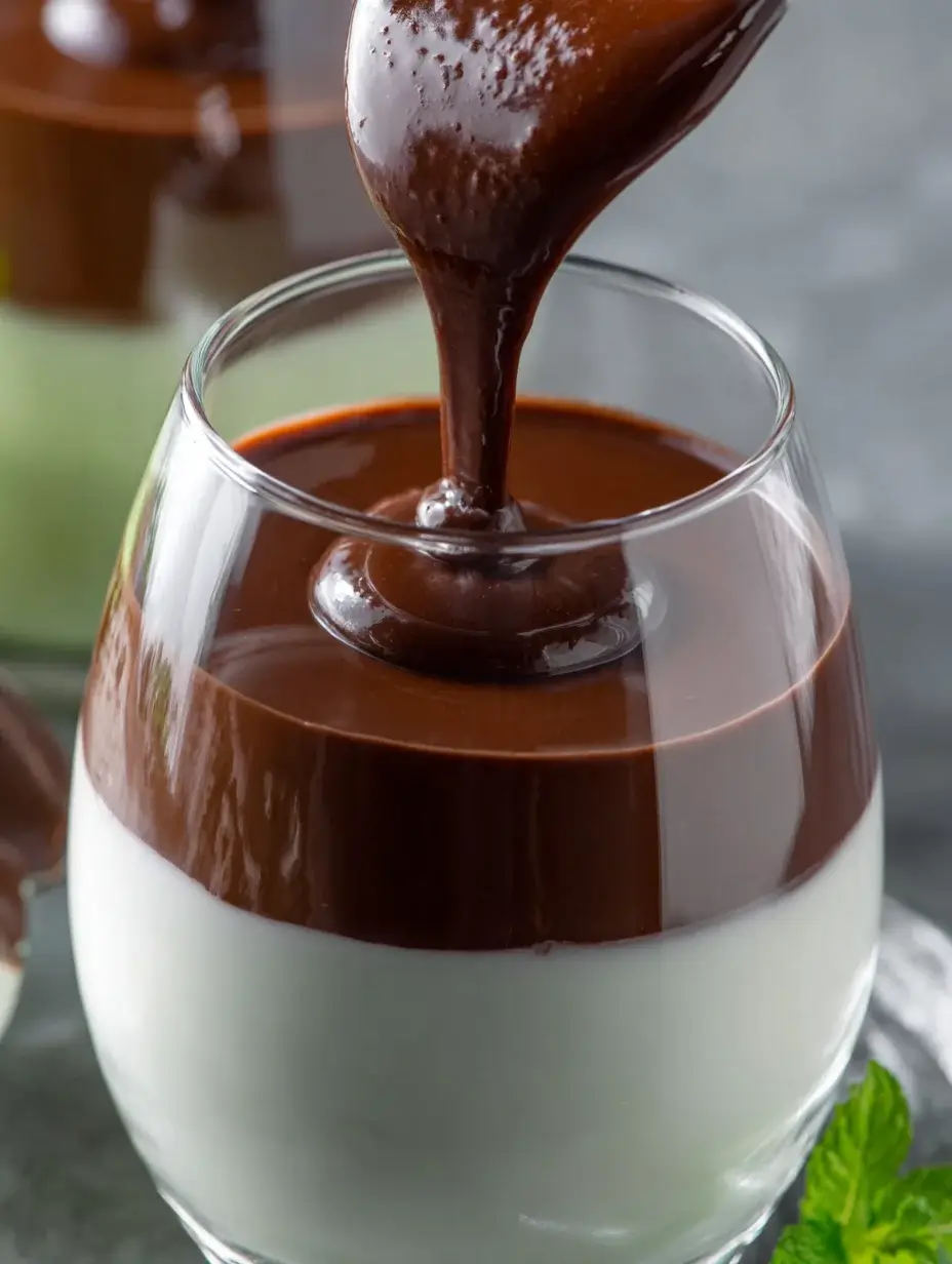 Pouring chocolate ganache over vanilla layer in dessert cup
