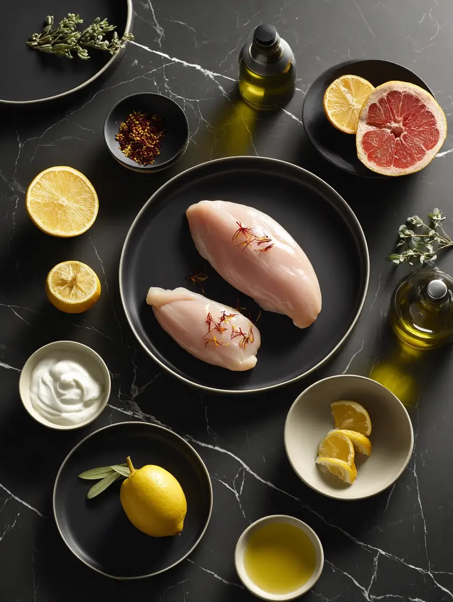 Raw chicken breast with saffron, citrus, yogurt, and olive oil in modern bowls