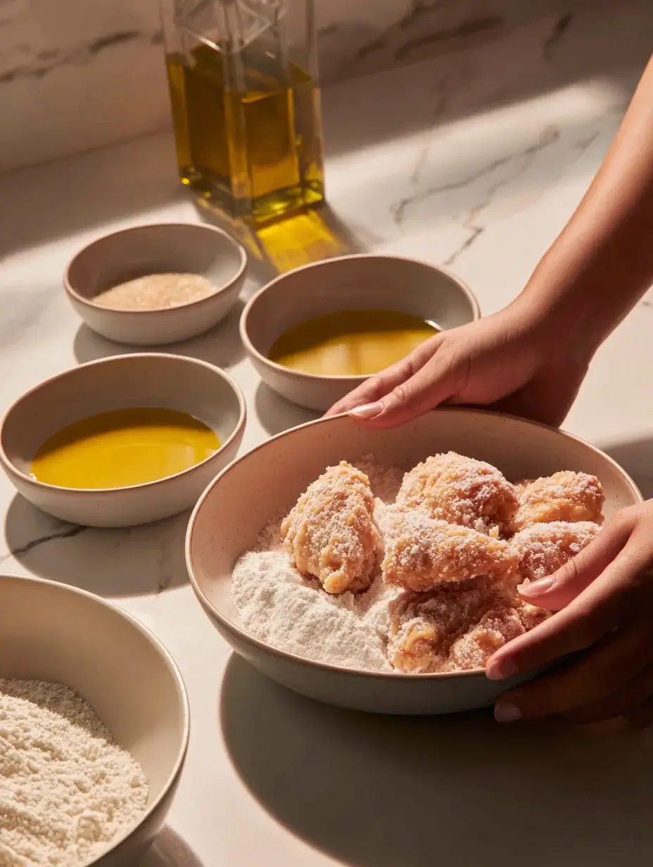 Chicken pieces being coated in flour for crispy chicken cones