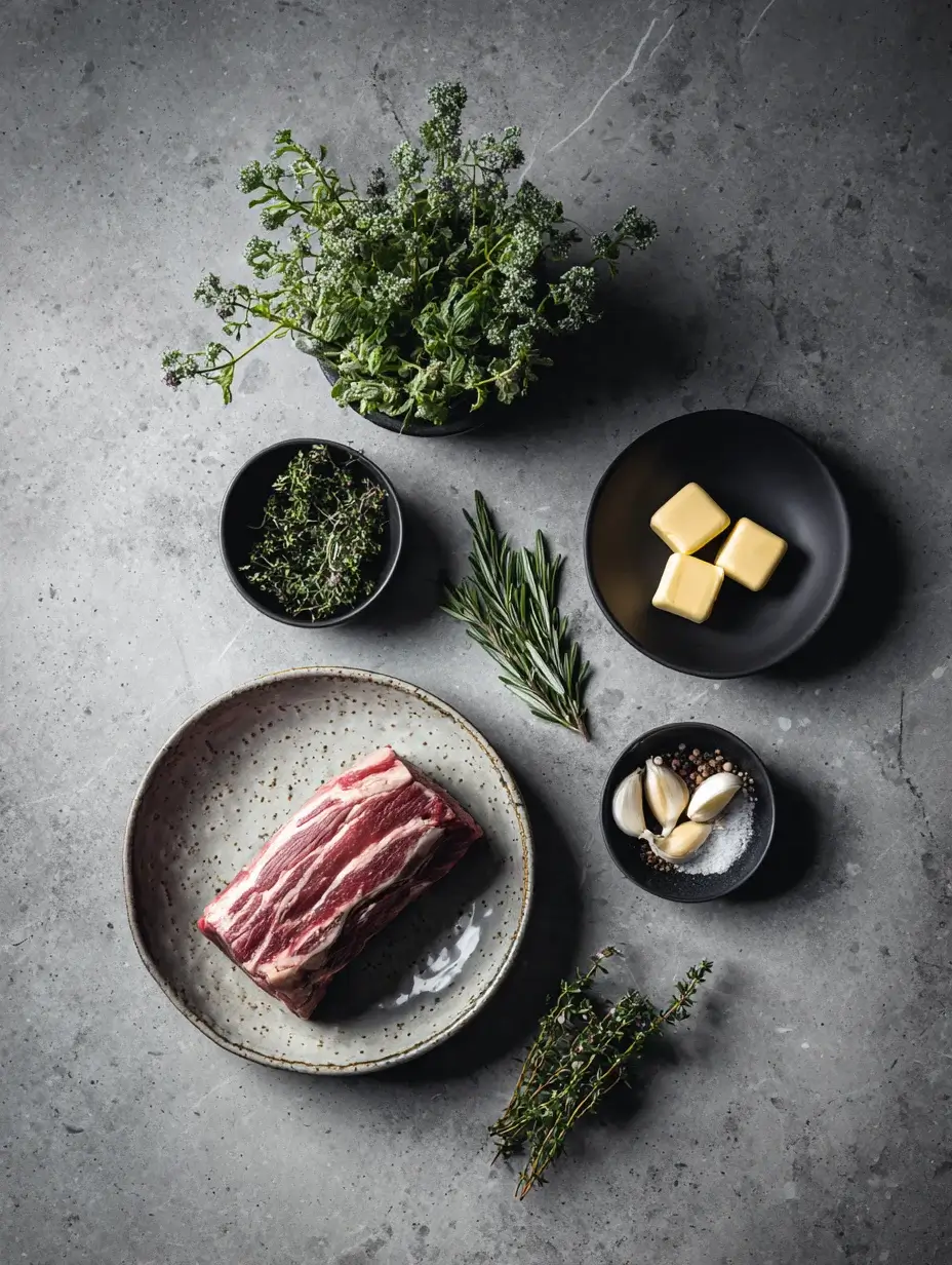 Raw lamb loin with herbs, butter, garlic, and spices arranged in bowls  for cooking Lamb Wild Herbs