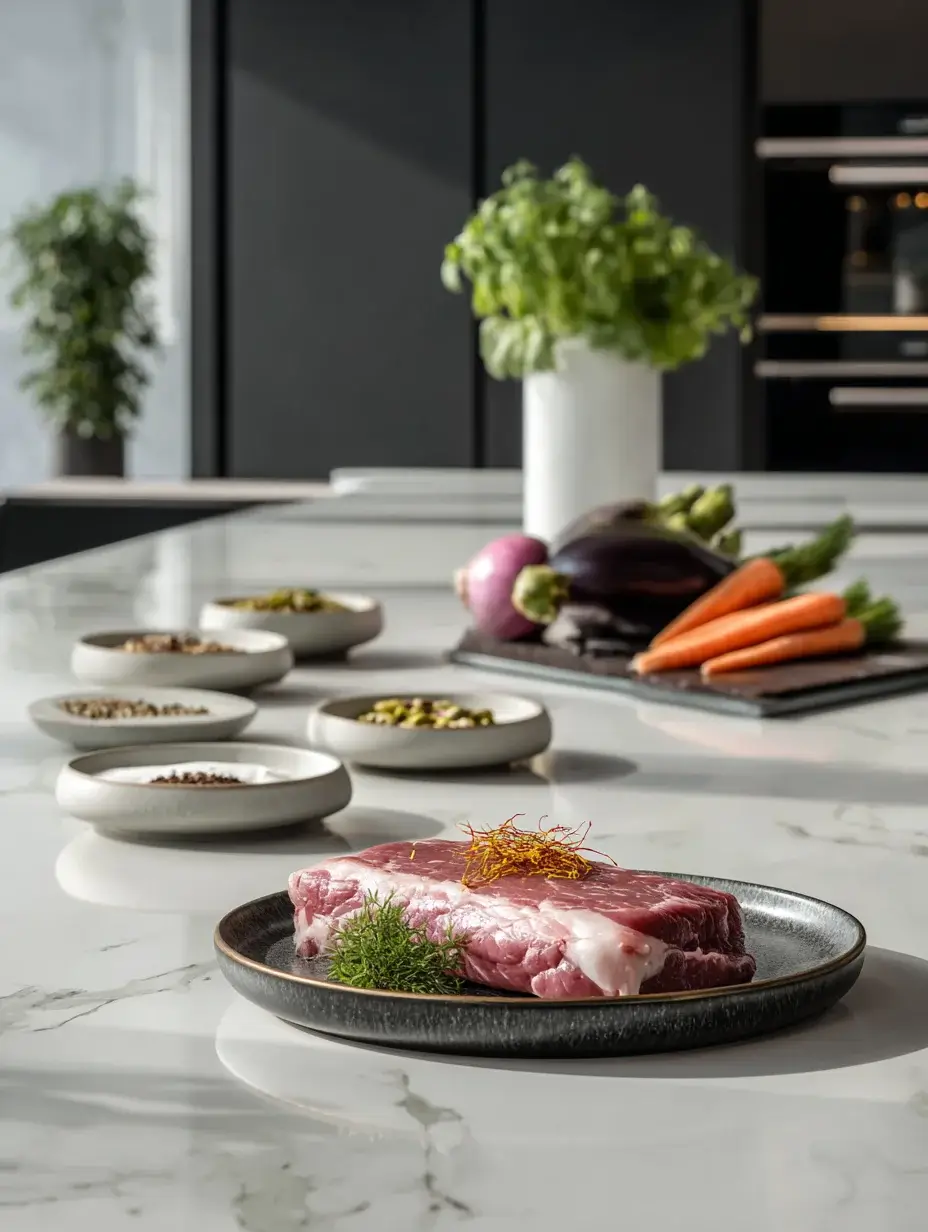 Raw lamb loin with saffron and spices on marble kitchen countertop