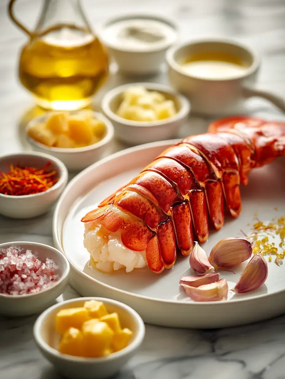 Butter-Poached Lobster with Saffron Cream,raw lobster tail with butter, garlic, saffron, and ingredients in small bowls
