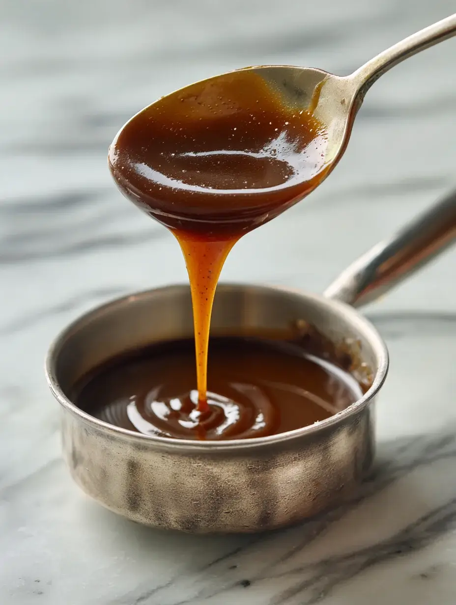 Glossy smoked jus sauce dripping from spoon into saucepan