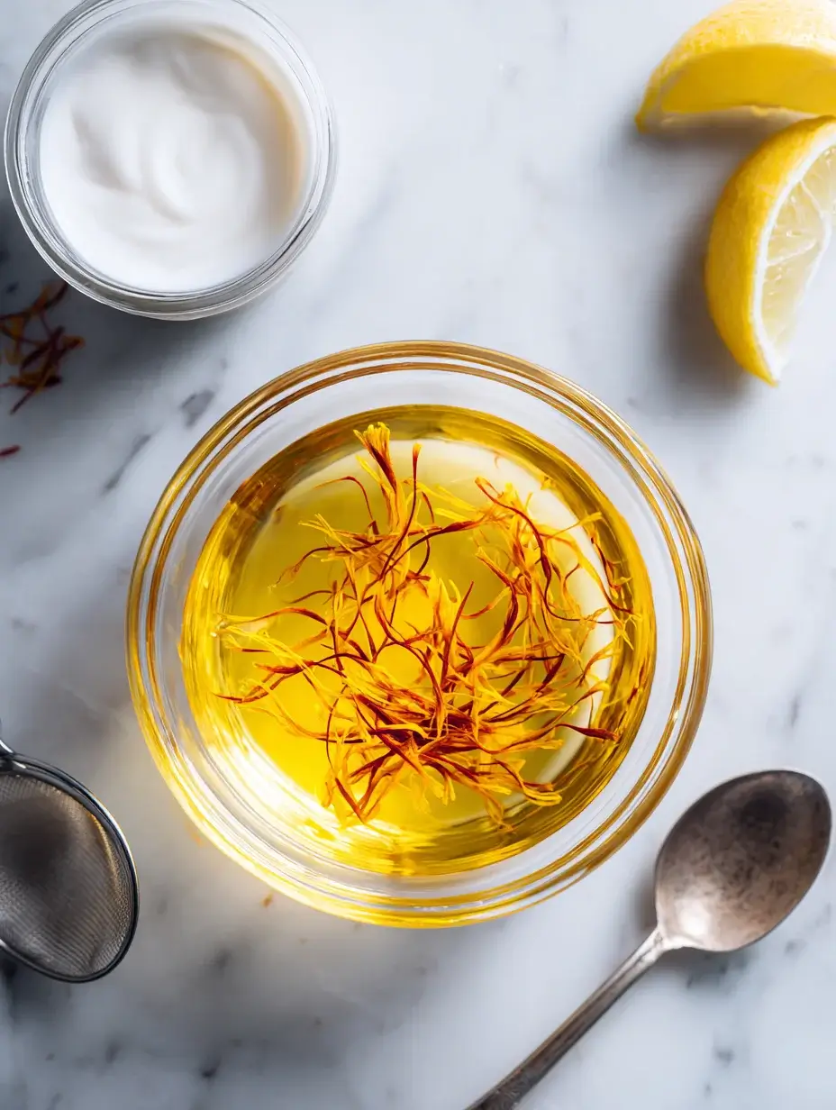 Saffron threads infusing in warm golden liquid in glass bowl