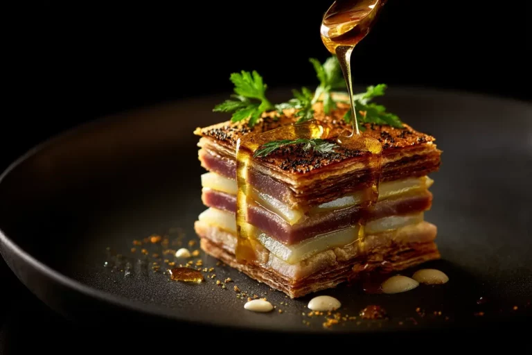 Golden mille-feuille of seared tuna with caramelized pear and honey drizzle