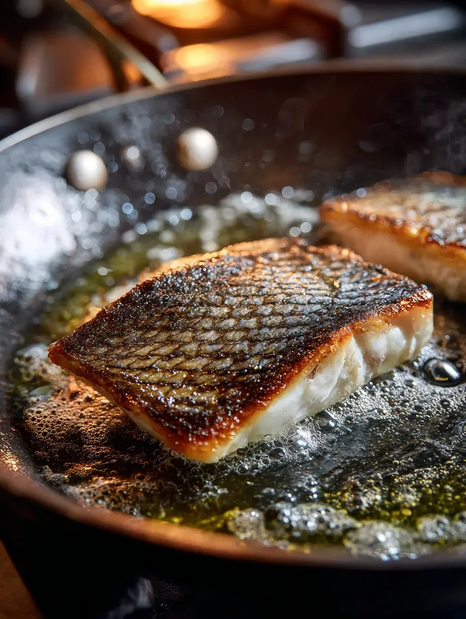 Sea bass fillet with crispy skin searing in hot pan