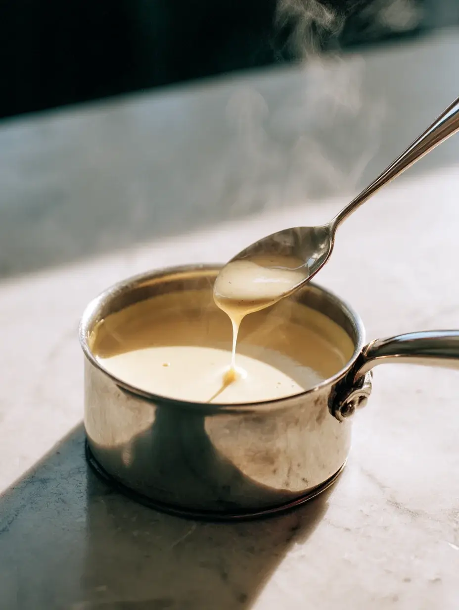 Creamy truffle sauce being stirred in a small saucepan