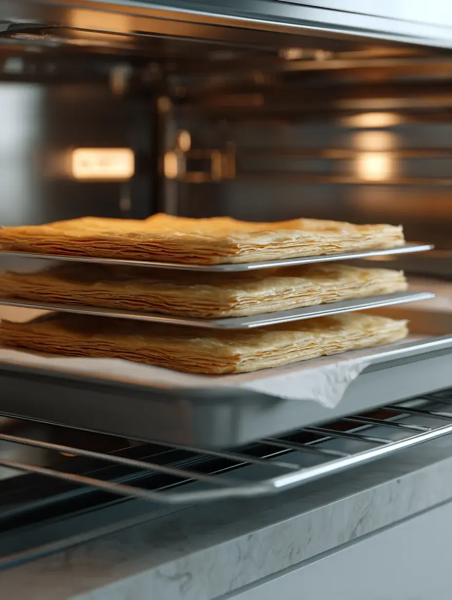 Puff pastry layers baking flat in oven trays