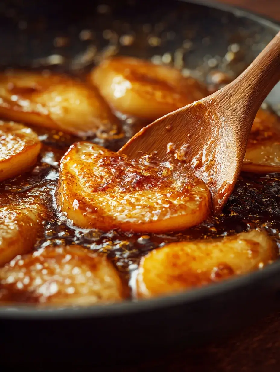 Caramelized pear slices cooking in butter and honey in a pan