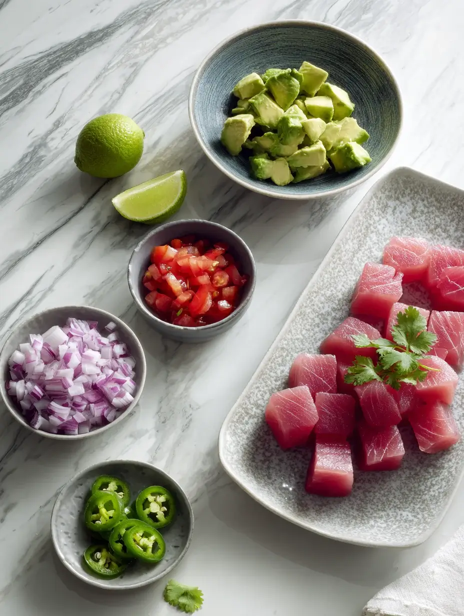 Viral Mexican Tuna Salad, Fresh tuna and ingredients arranged on marble surface