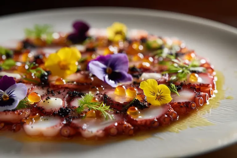 Floral Octopus Carpaccio with citrus pearls and edible flowers