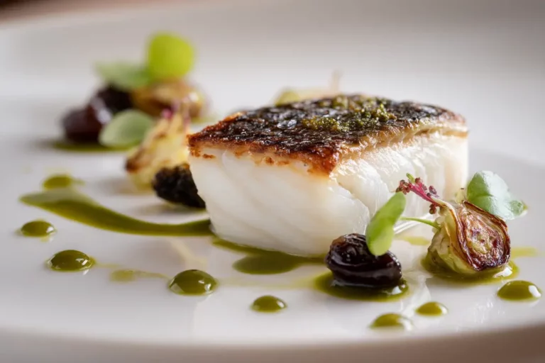 Charred sea bass with olive emulsion and lemon pearls