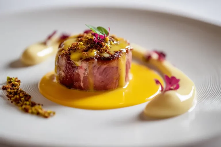 Golden veal medallion with saffron sauce and pistachio crumble