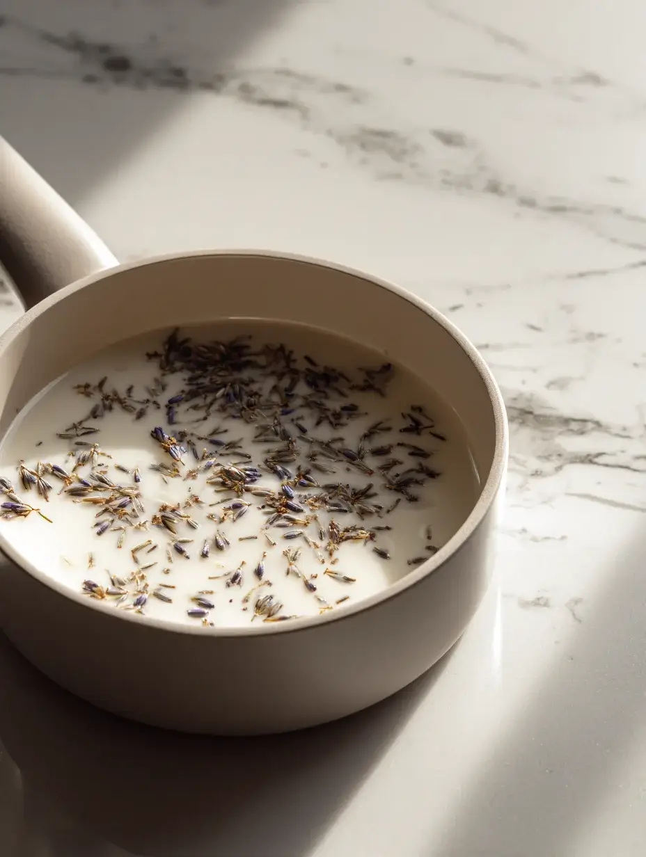 Lavender infused milk in saucepan on marble countertop