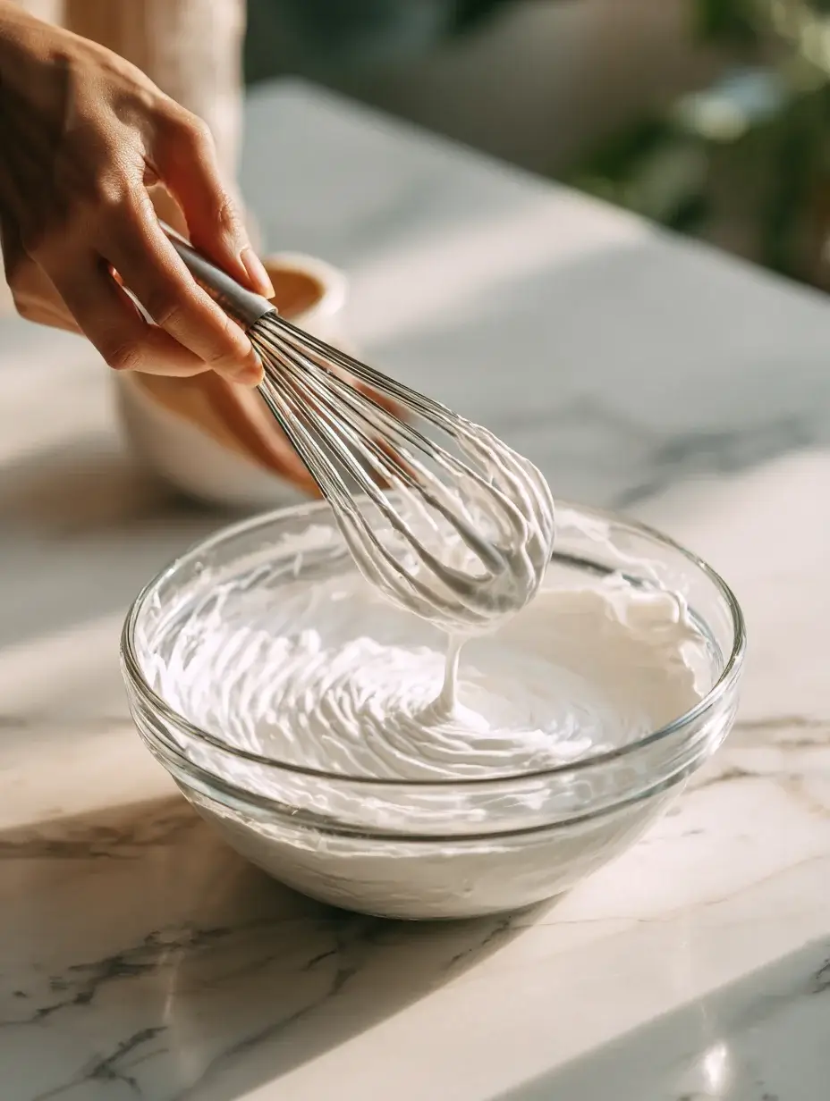 Whipping cream for coconut mousse in glass bowl