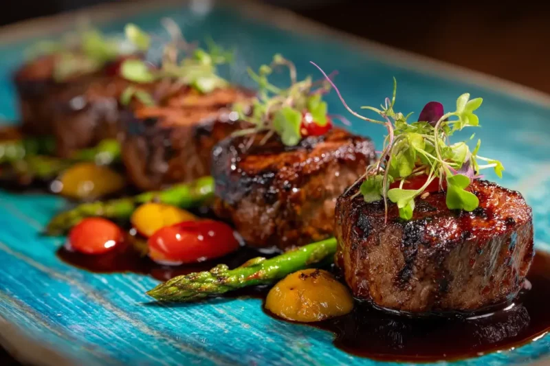 Beef tenderloin medallions with cabernet glaze, roasted asparagus, and cherry tomatoes on a turquoise plate