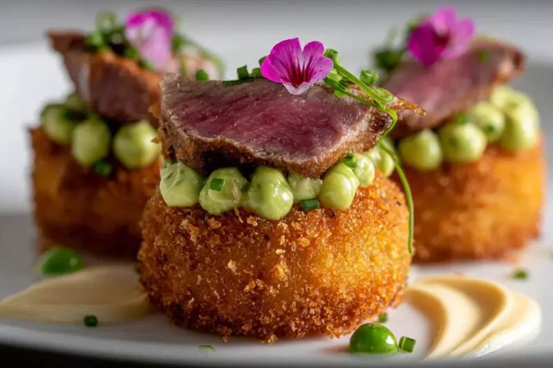 Crispy Potato Croquette topped with seared beef tataki and avocado crémeux on elegant white plate