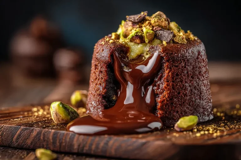 Molten Chocolate Cake with Pistachio Cream and flowing dark chocolate center