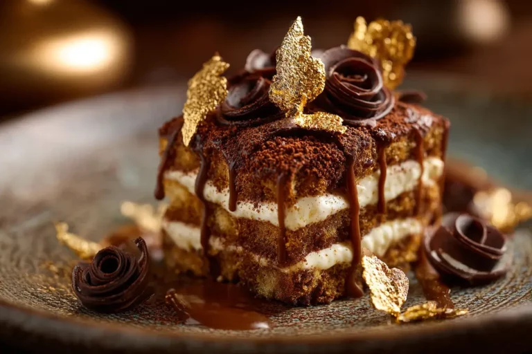 Tiramisu Venezia Gold with espresso mascarpone layers, dark chocolate ganache, cocoa powder, and edible gold leaf