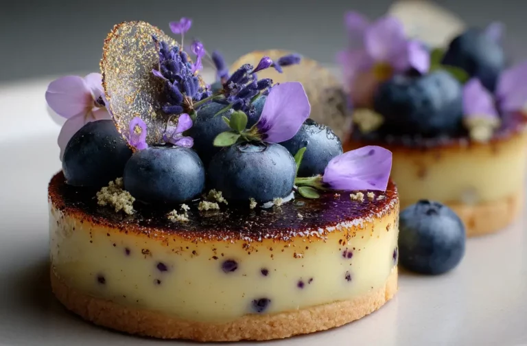 Blueberry Lavender Crème Brûlée Tartlets with caramelized tops and floral garnish