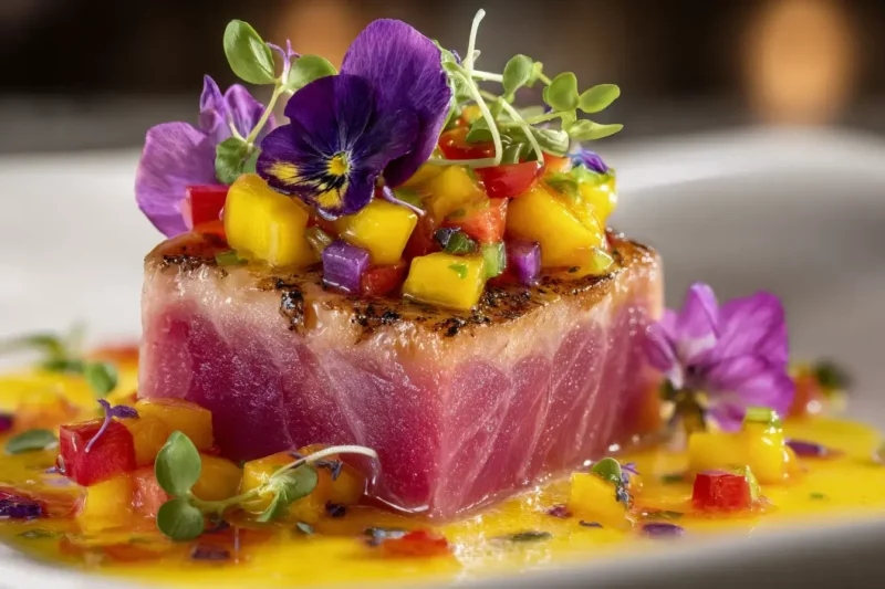 Seared ahi tuna with tropical mango salsa and citrus coconut emulsion on a white plate