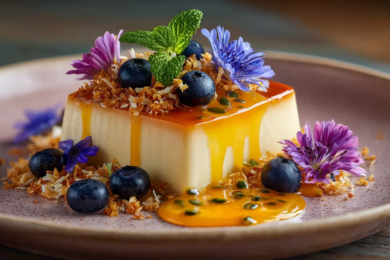 Vanilla Crème Caramel with Passion Fruit Coulis & Coconut Crumble