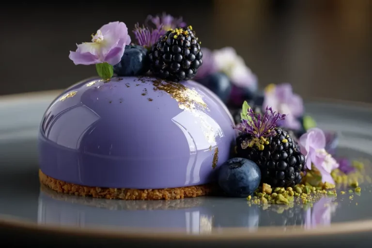 Lavender blackberry mirror glaze entremet with glossy dome and berry garnish
