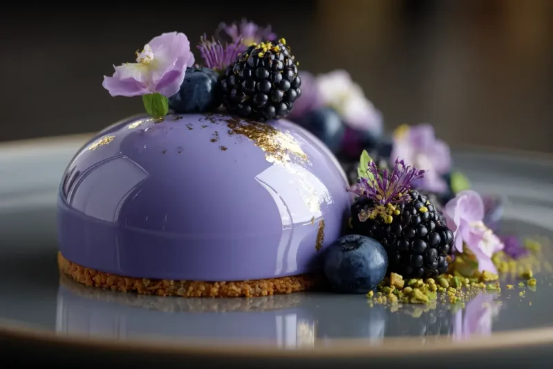 Lavender blackberry mirror glaze entremet with glossy dome and berry garnish
